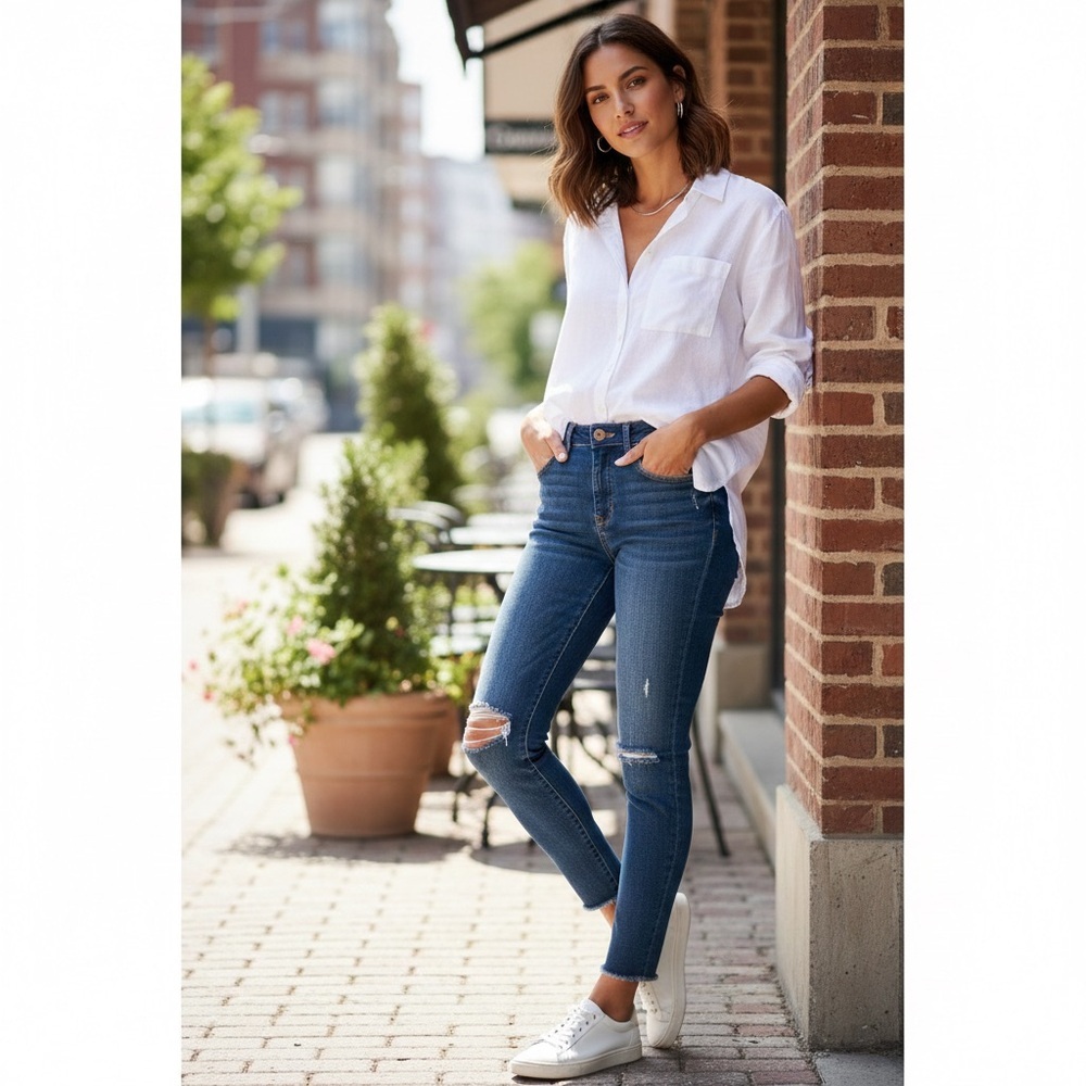 Sam Edelman "The Kitten" Mid Rise Skinny Ankle Jeans - Distressed Dark Wash S 26